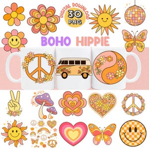 Boho Hippie Clipart PNG-paket med retroblommor, Vans, regnbågar, fredstecken