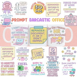 May include: A selection of humorous office-themed digital downloads and white ceramic mugs. The designs feature sarcastic quotes, office humour, and playful graphics, including a laptop, a frog, and a desk. The colour palette includes pink, purple, and yellow.