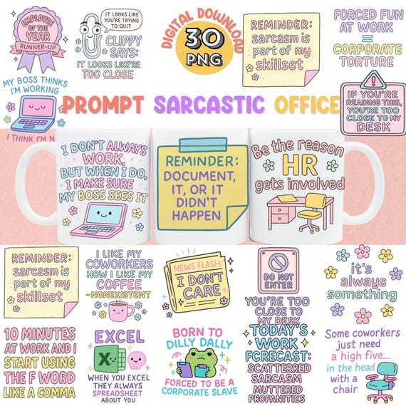Funny Sarcastic Office Clipart PNG Bundle: Work Humor Decor (Instant Download)