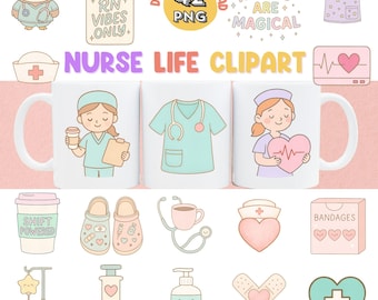 May include: A collection of digital nurse-themed clipart. Includes mugs, scrubs, an owl, a nurse's cap, a stethoscope, and other medical-related illustrations. Text includes "Nurse Life Clipart", "Nurses are Magical", and "RN Vibes Only".