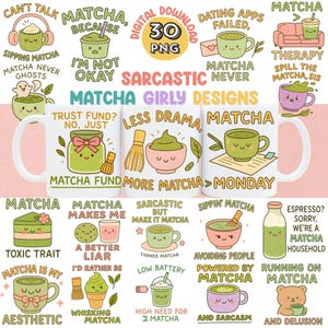 Sarkastisk Matcha PNG Clipart-paket: Roliga citat om grönt te (digital nedladdning)