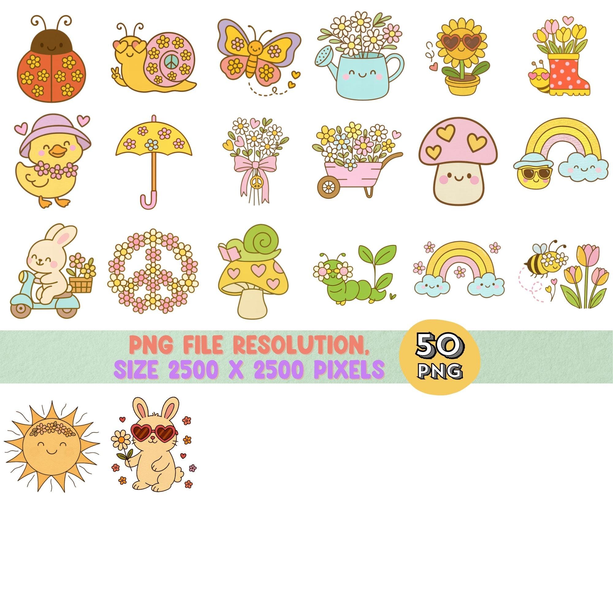 Groovy Retro Spring Clipart PNG Bundle With Flowers Rainbows and Smiley ...