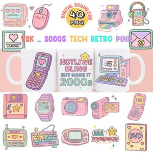 May include: A collection of Y2K and 2000s-themed digital illustrations in pink, purple, and pastel colors. Includes a computer, mouse, camera, headphones, mugs, cell phones, a floppy disk, a watch, a camcorder, a pager, a keyboard, a game console, and a DVD.