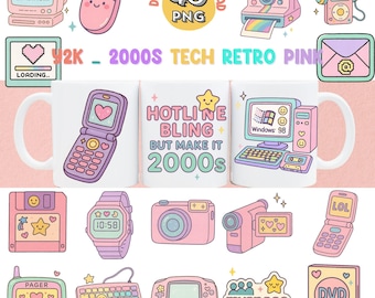 Y2K Pink Tech Clipart, 2000er Jahre Retro PNG Bundle (Digitaler Download)