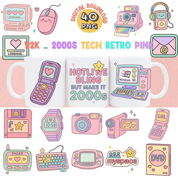Y2K Pink Tech Clipart, 2000s Retro PNG Bundle (Digital Download)