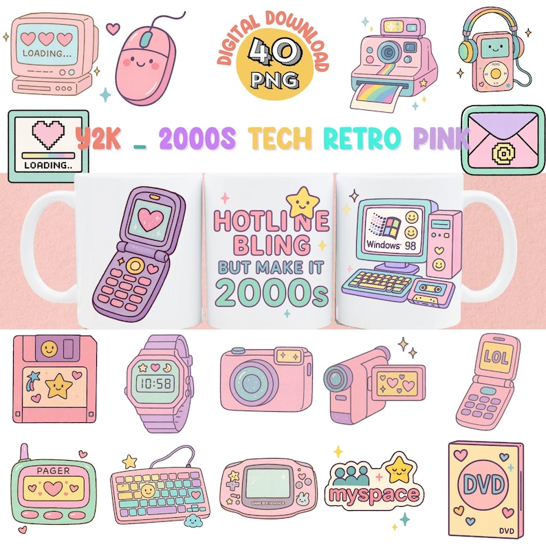 May include: A collection of Y2K and 2000s-themed digital illustrations in pink, purple, and pastel colors. Includes a computer, mouse, camera, headphones, mugs, cell phones, a floppy disk, a watch, a camcorder, a pager, a keyboard, a game console, and a DVD.