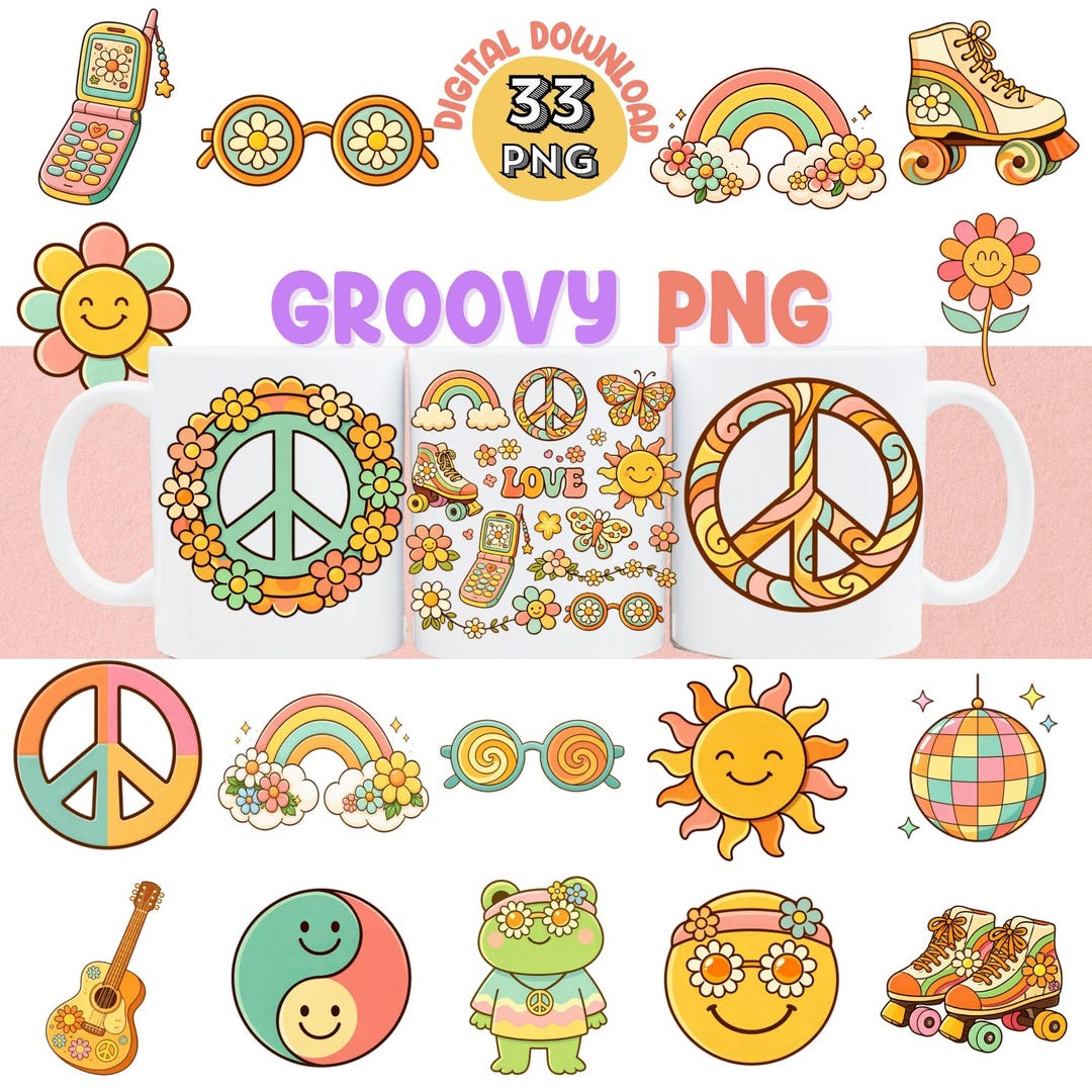 Groovy PNG Clipart Bundle Retro Hippie 70s Style Boho Flowers Peace ...