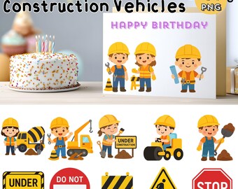 Construction Vehicles Clipart PNG Bundle | Digger Truck Bulldozer Crane Dump Truck Graphics Set