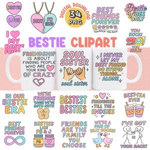 以下が含まれることがあります： 「Bestie」をテーマにした、カラフルなクリップアート要素のコレクション。友情に関する引用句が書かれたマグカップ、ハート型のペンダント、そして「Best Friends Forever」や「Soul Sister」などのテキストグラフィックが含まれています。