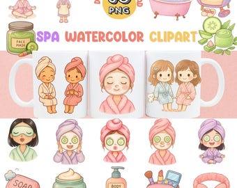 Watercolor Spa Clipart PNG Set: Hand-Painted Wellness Illustrations (Digital Download)