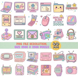 May include: A collection of 40 PNG digital stickers with a retro Y2K theme. The stickers feature various electronic devices, including computers, a pager, a cassette player, and a digital watch, all in pastel colors. Text includes "HOTLINE BLING BUT MAKE IT 2000s".