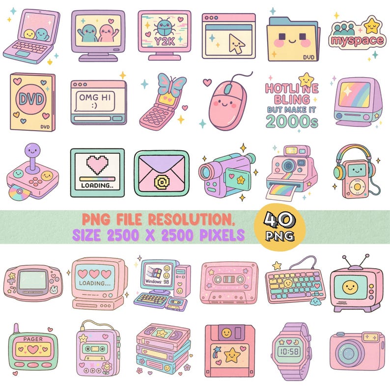 May include: A collection of 40 PNG digital stickers with a retro Y2K theme. The stickers feature various electronic devices, including computers, a pager, a cassette player, and a digital watch, all in pastel colors. Text includes "HOTLINE BLING BUT MAKE IT 2000s".