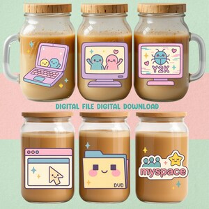 May include: Six glass mason jar mugs with wooden lids, filled with a light brown liquid. Each jar features a different colorful, retro-themed sticker design, including a laptop, computer screen, and a folder. The text "DIGITAL FILE DIGITAL DOWNLOAD" is at the bottom.