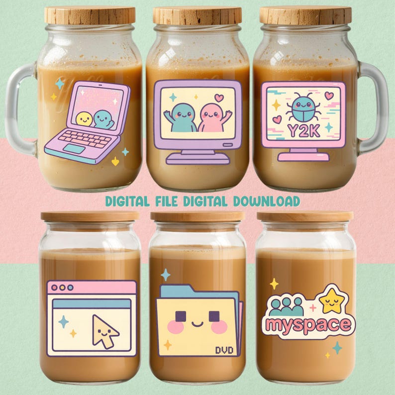 May include: Six glass mason jar mugs with wooden lids, filled with a light brown liquid. Each jar features a different colorful, retro-themed sticker design, including a laptop, computer screen, and a folder. The text "DIGITAL FILE DIGITAL DOWNLOAD" is at the bottom.