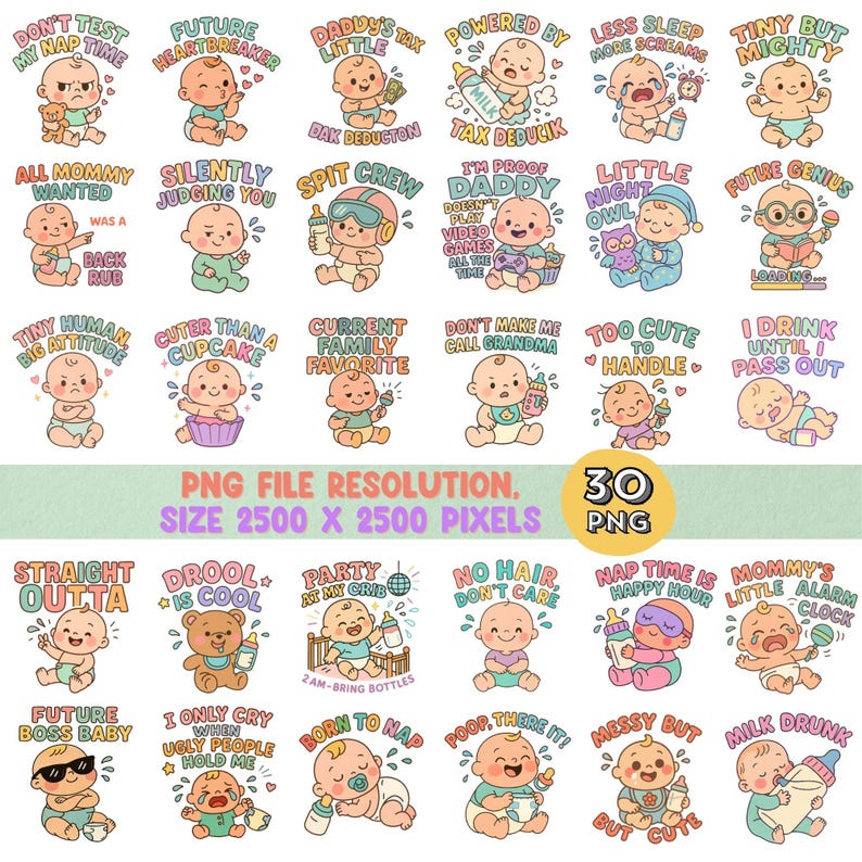 Funny Baby Onesie PNG Clipart Bundle, Sublimation Design (digital ...