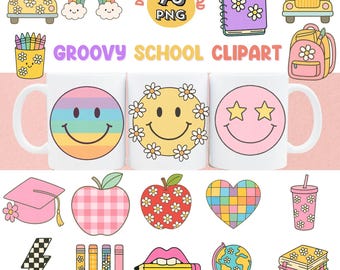 Retro jaren 70 schoolclipart PNG-bundel: stickers voor leraren (digitale download)