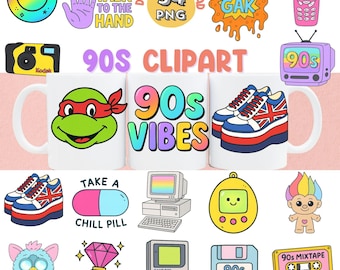 90s Clipart PNG Bundle Retro Y2K Images for Stickers and Sublimation