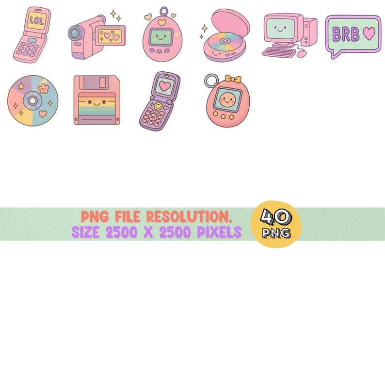 May include: A collection of pastel-colored, cartoon-style illustrations of retro tech and communication devices. Includes a flip phone with "LOL" text, a camcorder, a Tamagotchi, a CD player, a computer, a speech bubble with "BRB", a CD, a floppy disk, and a second flip phone.