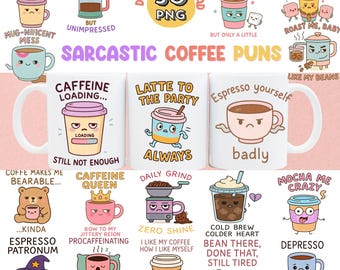 Sarcastic Coffee Puns PNG-clipartbundel: grappig citaatontwerpen (digitale download)