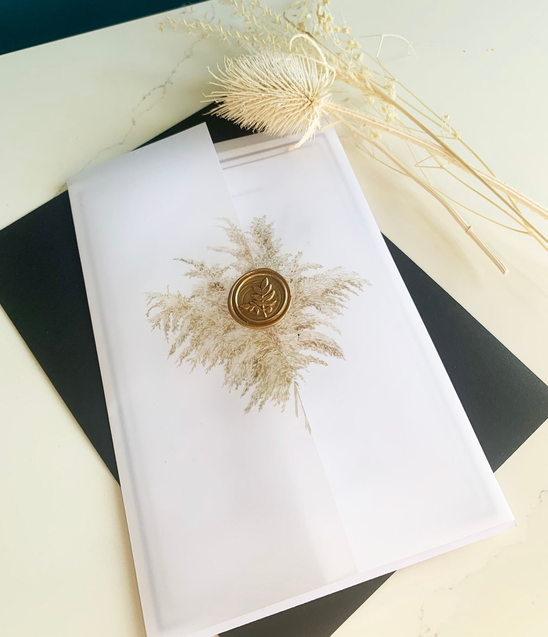Pampas Grass Luxury Floral Watercolour Design Vellum Wedding Invitation A5 With Wax Seal and