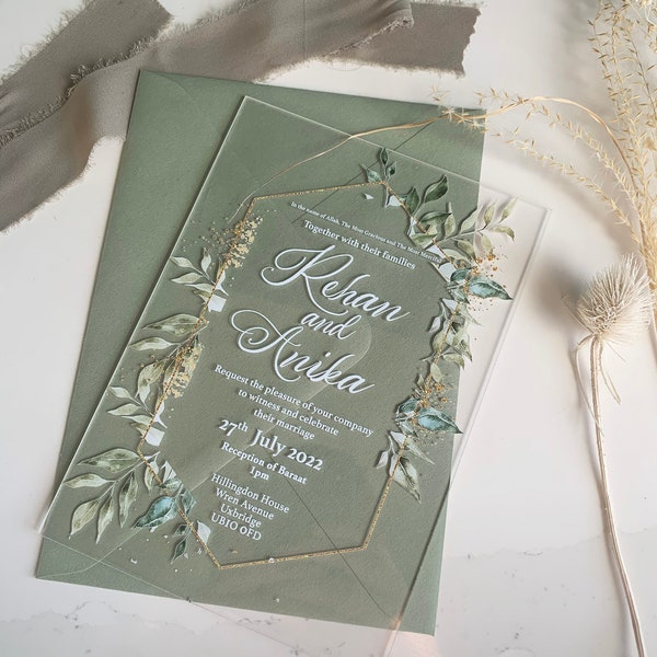 Eucalyptus Green Leaves Floral Watercolour Luxury Cardstock Design Acrylic Wedding Invitation 5"x7"