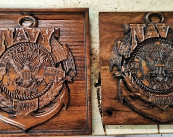 U.S.Navy type logo plaque on solid oak, stained and clear coated with hanger on the back.