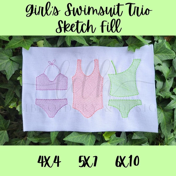 Girl's Swimsuits Trio Sketch Fill Set Embroidery design file bikini one piece tankini bean satin stitch bathing suits summer beach vacation