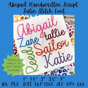Abigail Satin Stitch Handwritten Script Machine Embroidery Font cursive bx