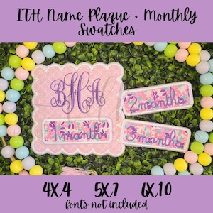 May include: A pink, scalloped-edge name plaque with a monogram, and three rectangular monthly swatches. The swatches are decorated with floral patterns and the text "1 month", "2 months", and "3 months". The text "ITH Name Plaque + Monthly Swatches" is at the top.