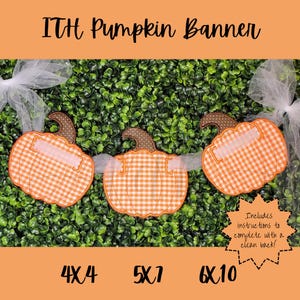 Könnte beinhalten: Ein Kürbisbanner mit drei orange-weiß karierten Kürbissen, jeweils mit braunem Stiel und weißem Etikett. Das Banner ist vor einem grünen Hintergrund platziert und enthält den Text "ITH Pumpkin Banner".