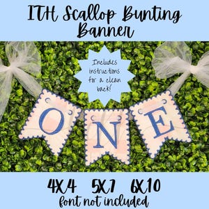 May include: A banner spelling "ONE" with blue embroidered letters on a white background with a pink striped pattern. The banner has a scalloped edge and is decorated with white tulle bows. Text at the top reads "ITH Scallop Bunting Banner".