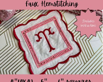 May include: White cocktail napkin with red scalloped edges and a red embroidered letter "T". The napkin has a faux hemstitching design and is available in 4" (4x4), 5", and 6" squares. The text "Includes instructions" is also visible.