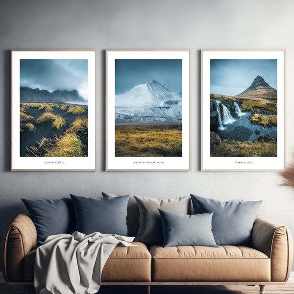 Iceland Premium Poster Set, Island Wall Art Prints, Wandbilder Wohnzimmer und Schlafzimmer, Wanddeko Set, Fotoposter Vulkan, Berge und Meer