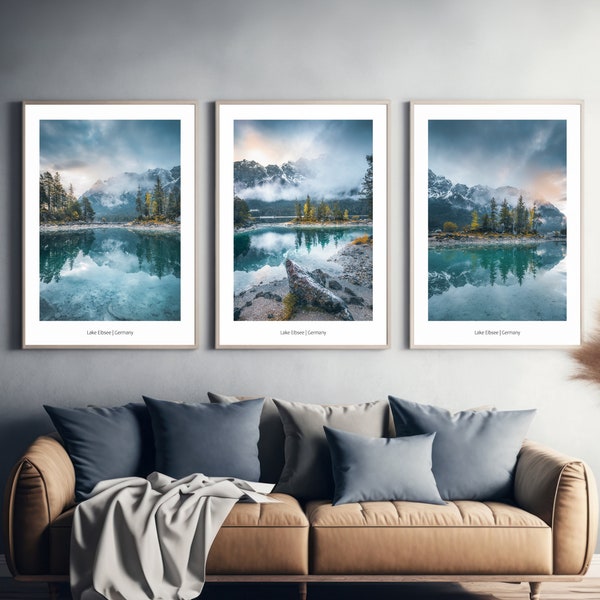 Eibsee Bayern Premium Poster Set, Wall Art Prints, Wandbilder Wohnzimmer und Schlafzimmer, Wanddeko Set, Fotoposter Alpen, Berge und Wald