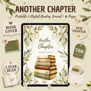 Könnte beinhalten: Ein digitales Lesetagebuch mit dem Titel Another Chapter mit 90 Seiten, angezeigt auf einem Tablet-Bildschirm, umgeben von dekorativen Aufklebern mit buchbezogenem Text wie Book Lover, New Chapter, TBR und 5 Star Read, mit Olivenzweig-Illustrationen.
