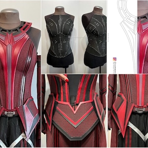 Puede incluir: Un traje rojo y negro con un diseño geométrico. El traje está hecho de una tela texturizada y tiene un cinturón con una hebilla plateada. El traje está siendo usado por un maniquí.