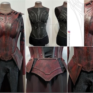 Puede incluir: Un detallado disfraz rojo y negro exhibido en un maniquí. El disfraz presenta un corpiño estructurado con detalles intrincados, mangas largas y una cintura estilo peplum. Imágenes adicionales muestran patrones y primeros planos de la construcción.