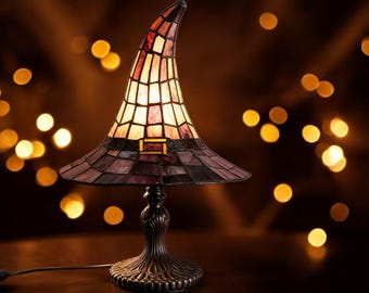 Glas-in-loodlamp in de vorm van een heksenhoed - Gotische Tiffany tafellamp, speels nachtlampje voor de slaapkamer en Halloween decoratie