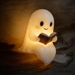 May include: A glowing, translucent white ghost-shaped lamp with a subtle glitter texture. The figure has two black oval eyes, a small curved smile, and pink cheeks. It holds a small, open brown book in its hands, emitting a warm, soft light.