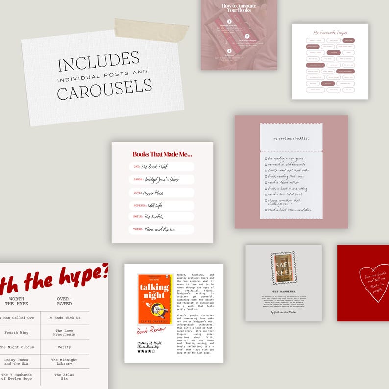 Puede incluir: Colecci&oacute;n de imprimibles digitales con una paleta de colores neutros. Incluye plantillas para recomendaciones de libros, listas de verificaci&oacute;n de lectura y publicaciones en redes sociales. Con el texto "INCLUDES INDIVIDUAL POSTS AND CAROUSELS".