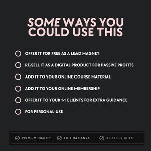 May include: A dark grey graphic with light pink text. The text reads "SOME WAYS YOU COULD USE THIS" and lists ways to use the product, such as "Offer it for free as a lead magnet" and "Re-sell it as a digital product." The bottom of the graphic includes the text "Premium Quality," "Edit in Canva," and "Re-sell Rights."
