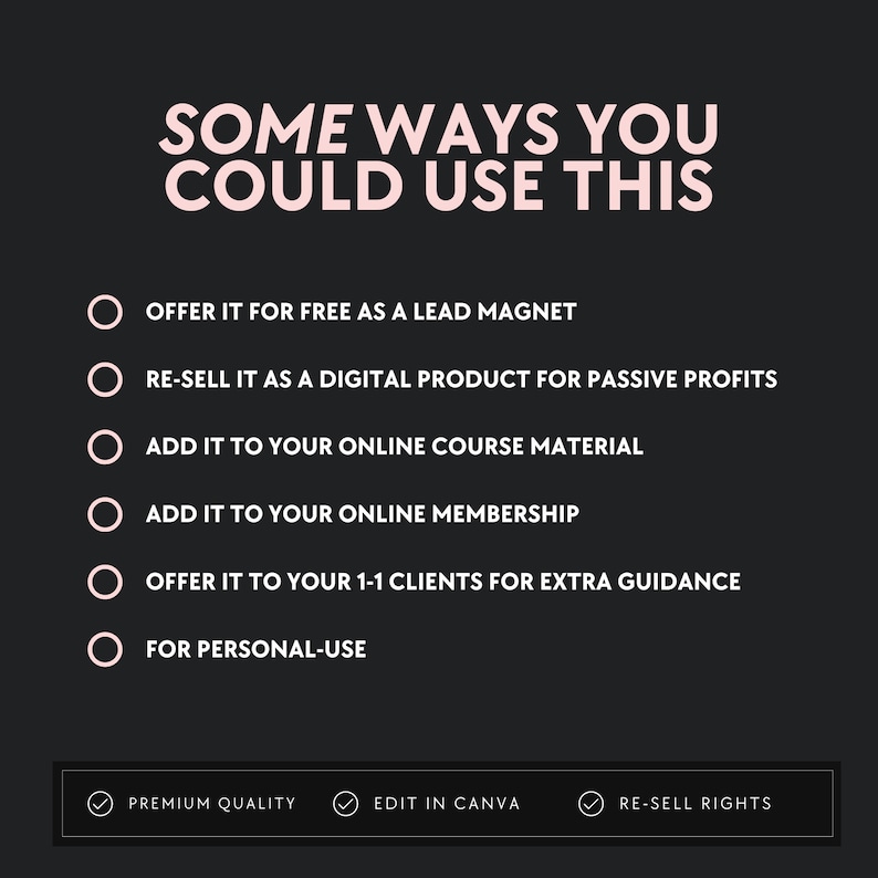 May include: A dark grey graphic with light pink text. The text reads "SOME WAYS YOU COULD USE THIS" and lists ways to use the product, such as "Offer it for free as a lead magnet" and "Re-sell it as a digital product." The bottom of the graphic includes the text "Premium Quality," "Edit in Canva," and "Re-sell Rights."