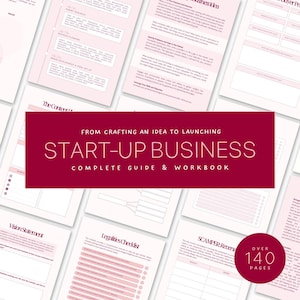 Puede incluir: Una guía completa y un libro de trabajo para iniciar un negocio, con el texto "START-UP BUSINESS" en blanco sobre un fondo burdeos. La imagen muestra varias páginas con texto rosa y blanco, incluida una declaración de visión y una lista de verificación. El libro de trabajo tiene más de 140 páginas.