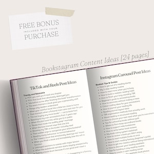 Puede incluir: Un libro abierto con el t&iacute;tulo "Bookstagram Content Ideas" y una pegatina "Free Bonus". Las p&aacute;ginas del libro enumeran ideas para publicaciones de TikTok, Reels y carruseles de Instagram relacionadas con la lectura y los libros, con t&iacute;tulos como "Trendy and Relatable" y "Bookish Tips & Guides."