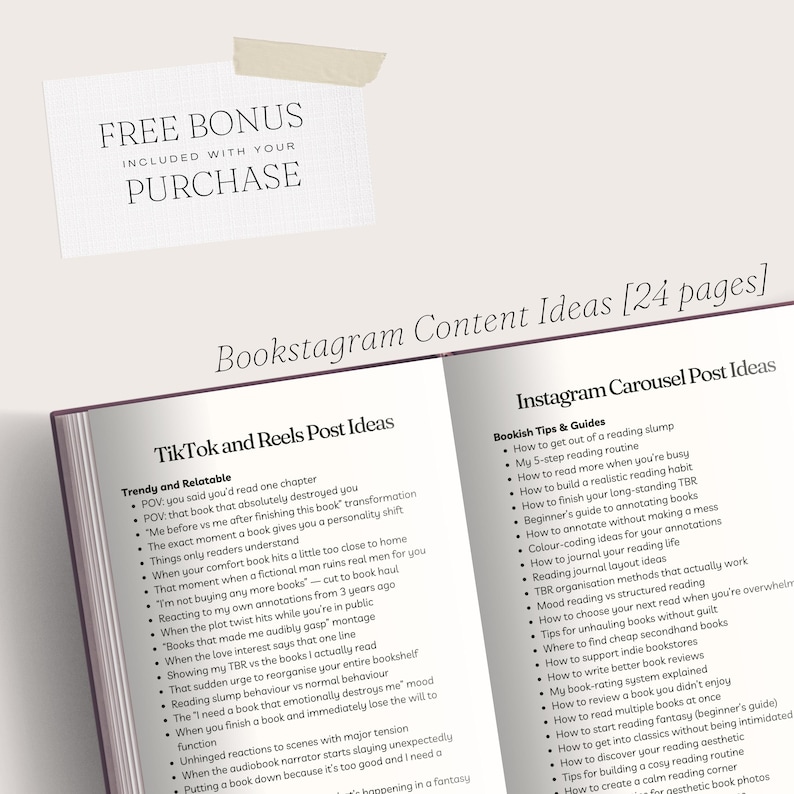 Puede incluir: Un libro abierto con el t&iacute;tulo "Bookstagram Content Ideas" y una pegatina "Free Bonus". Las p&aacute;ginas del libro enumeran ideas para publicaciones de TikTok, Reels y carruseles de Instagram relacionadas con la lectura y los libros, con t&iacute;tulos como "Trendy and Relatable" y "Bookish Tips & Guides."