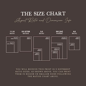 May include: A size chart with aspect ratio and dimension information. The chart displays various print sizes, including 22x28 inches, 16x20 inches, and 8.5x11 inches. The text at the bottom states that the print is available in 5 different ratio sizes.