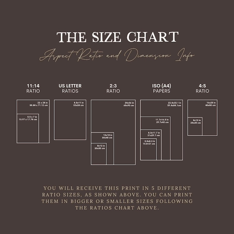 May include: A size chart with aspect ratio and dimension information. The chart displays various print sizes, including 22x28 inches, 16x20 inches, and 8.5x11 inches. The text at the bottom states that the print is available in 5 different ratio sizes.