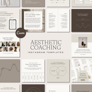 Könnte beinhalten: Ästhetische Coaching-Instagram-Vorlagen in einer neutralen Farbpalette. Das Design umfasst Text und Grafiken mit Sätzen wie "Warum Ihre Denkweise alles im Leben prägt" und "Wachstum ist eine Reise, keine Bestimmung".