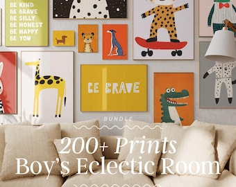 May include: A collection of colorful wall art prints featuring animal illustrations and inspirational quotes. The prints include a giraffe, a cheetah on a skateboard, and a cat. The text "BE BRAVE" and "BE KIND" are visible. The text "200+ Prints Boy's Eclectic Room" is also visible.