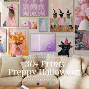 Pacchetto di decorazioni murali di Halloween in stile preppy / stampa rosa di Halloween, arte autunnale, galleria murale di Halloween, arte pastello di Halloween, decorazioni di Halloween